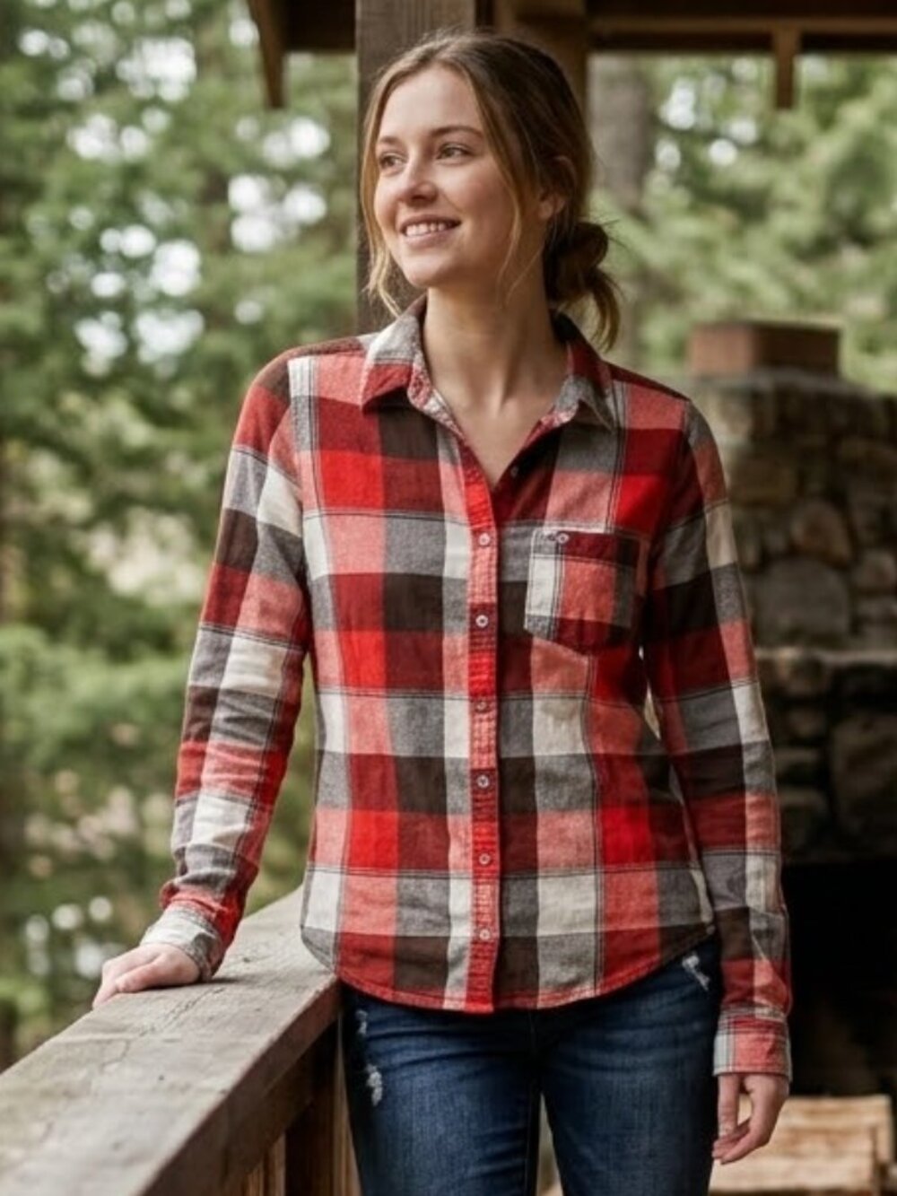 Hollister Women's Medium Red White Plaid Button Up Flannel Shirt Fall Layering